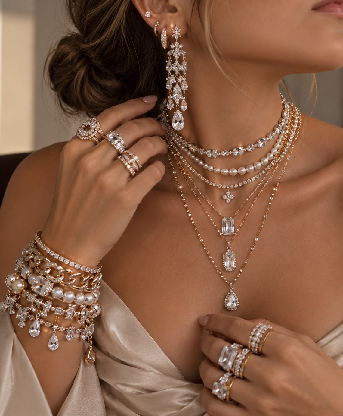 Selección de collares, pulseras, anillos y aretes con cristales