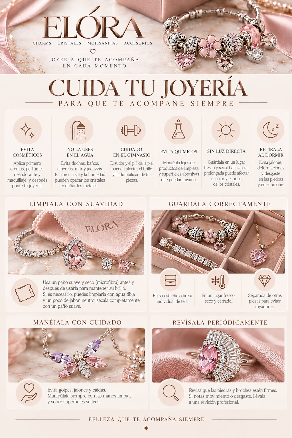 Guía ELÓRA para cuidar tu joyería: evitar cosméticos, agua, químicos y luz directa; limpiar, guardar y revisar las piezas
