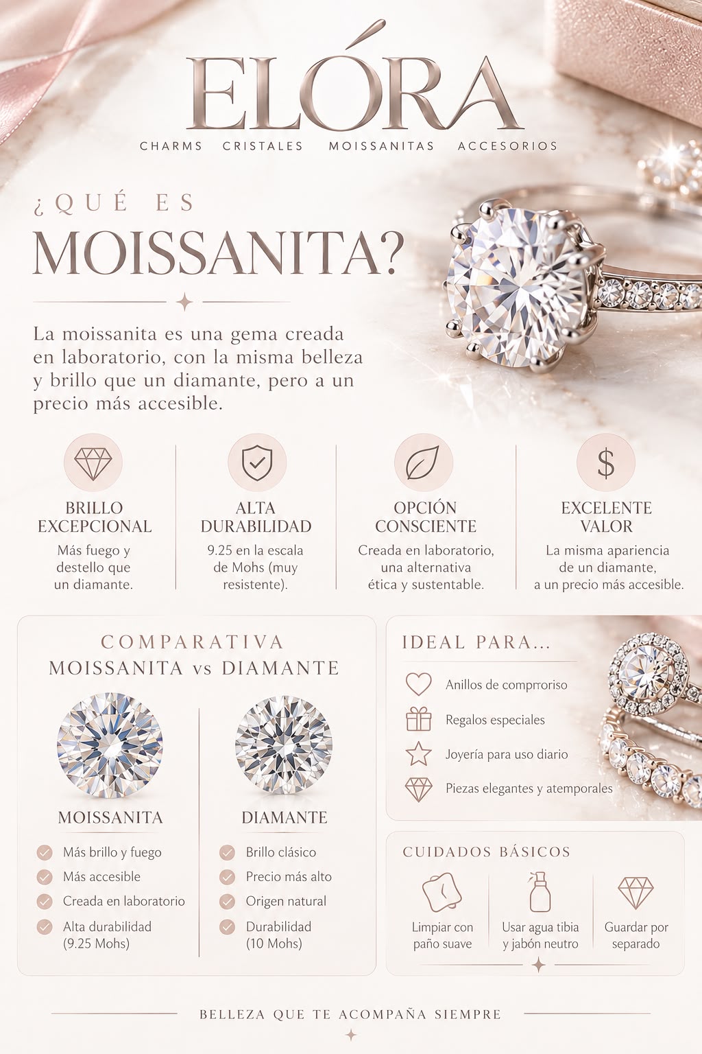 Guía ELÓRA sobre moissanita: características, comparación con diamante y cuidados